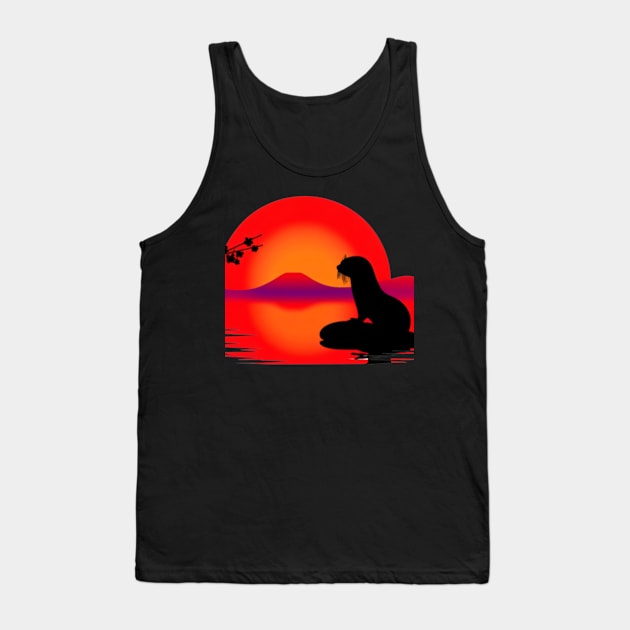 Aquatic Animal Vintage Sunset Cute Japanese Art Otter Tank Top by Willie Biz Merch